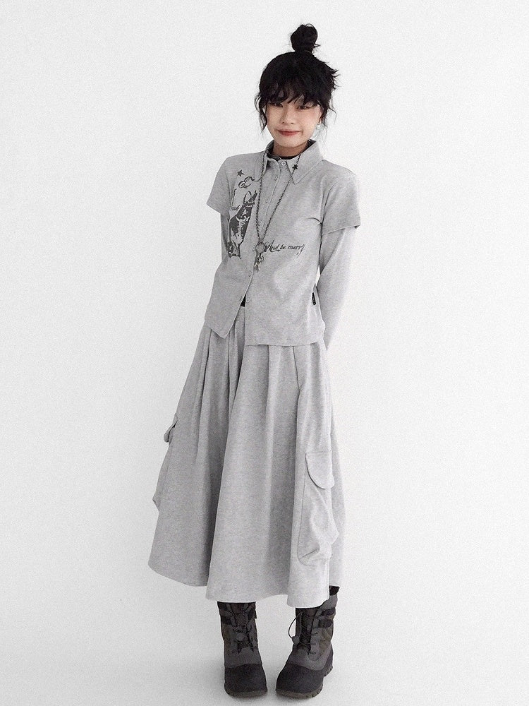 Gray Sleeve Long Two-piece - Print Top Bunny