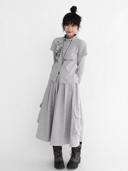 Gray Sleeve Long Two-piece - Print Top Bunny