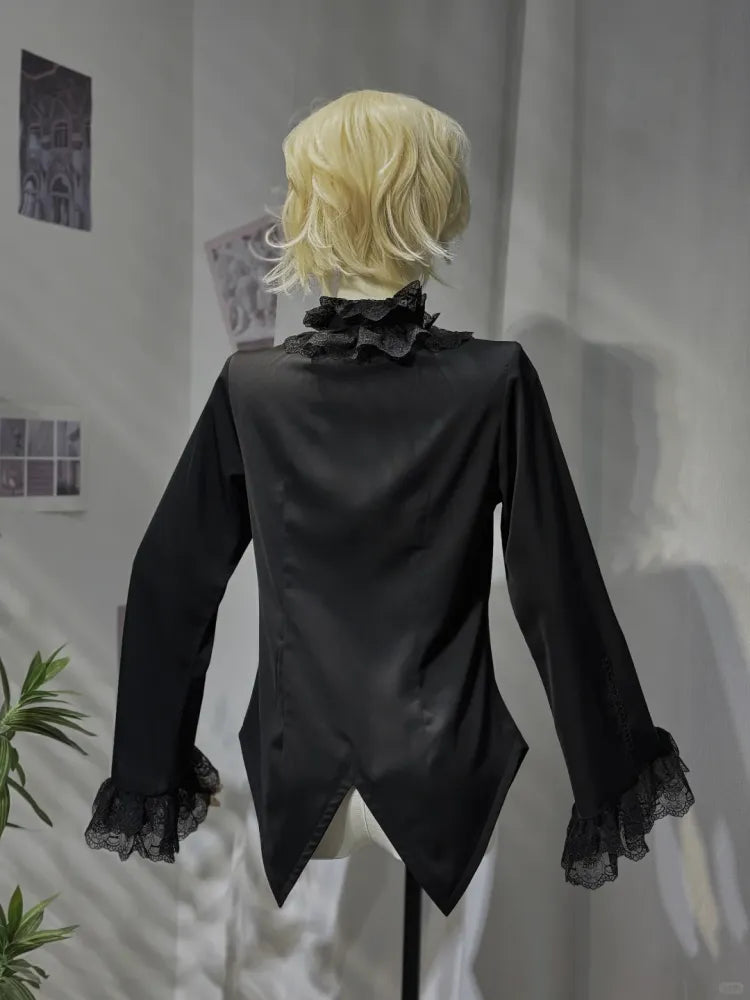 ブラックスタイルのフリルロリータシャツ、プリンススリーブ、ロング王子ネックライン