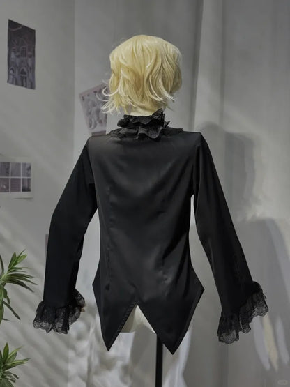 ブラックスタイルのフリルロリータシャツ、プリンススリーブ、ロング王子ネックライン