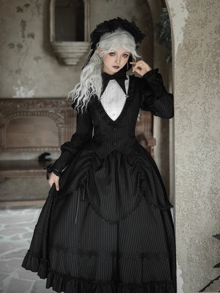 Striped Version Gothic Ruffle Drawstring Long Black Design Skirt with Lolita