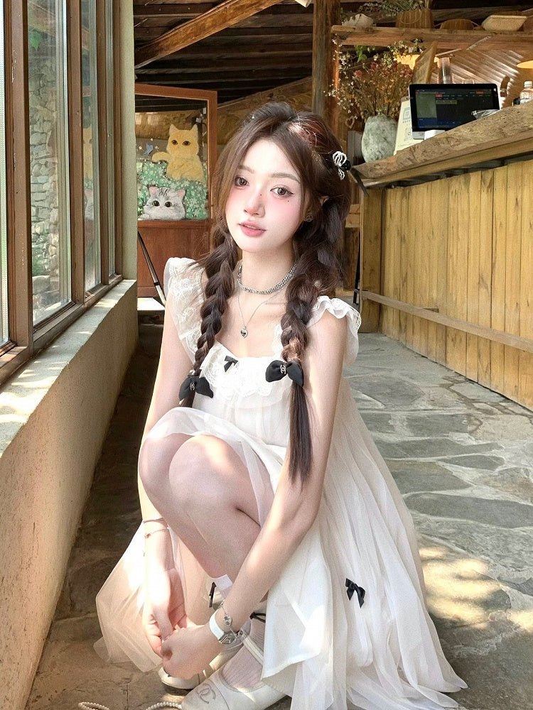 Sweet Apricot Dress with Bow and Lace Trim - Qchiwawameme