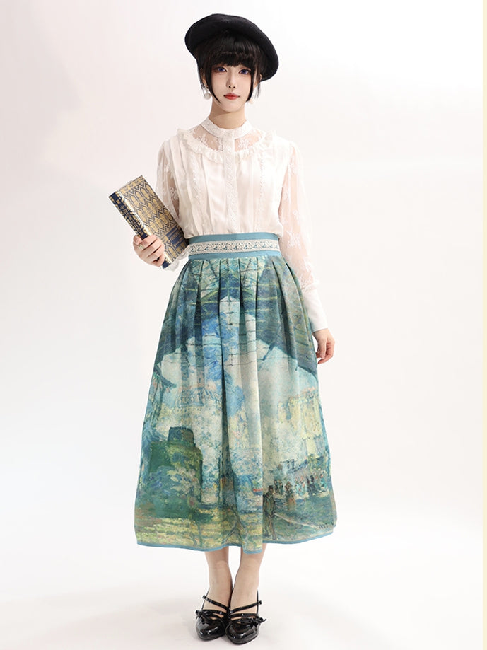 サン・ラザール油絵プリント グリーンウエストスカートバージョン ガレ ロング/ショート ハイ
