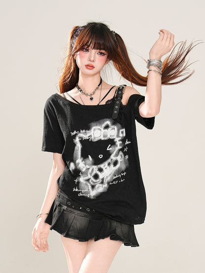 Semi-sheer Asymmetrical Neckline Buckle Strap T-Shirt Kitty Print Black/White/Gray