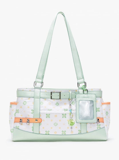 White Green Clover-Themed Large Capacity Tote Ita Bag with Strap Accents And Detachable Ita Card Holder