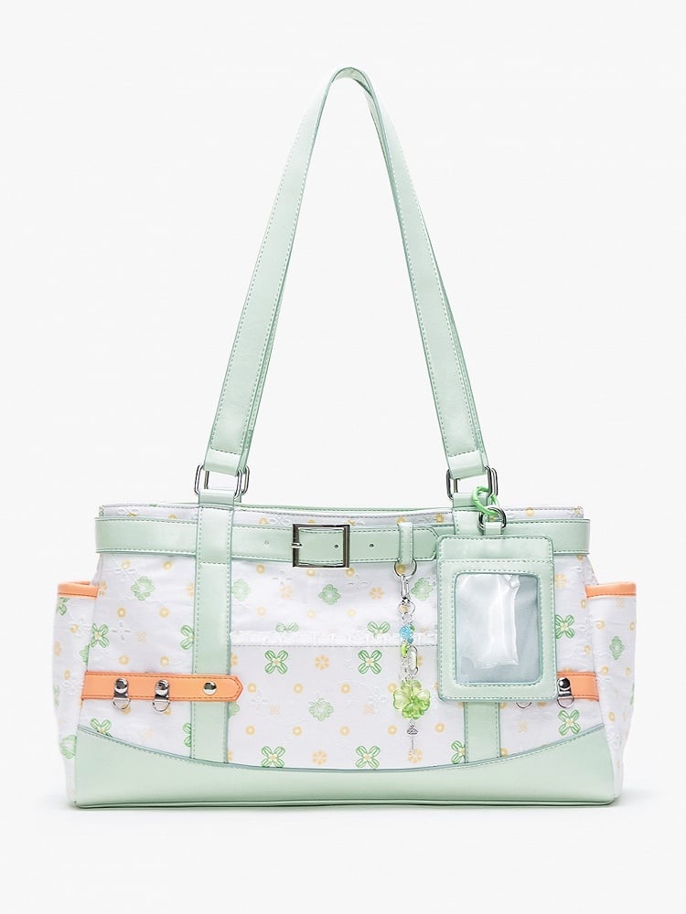 Detachable And Card Green White Ita with Accents Holder Large Strap Clover-Themed Bag Capacity Tote