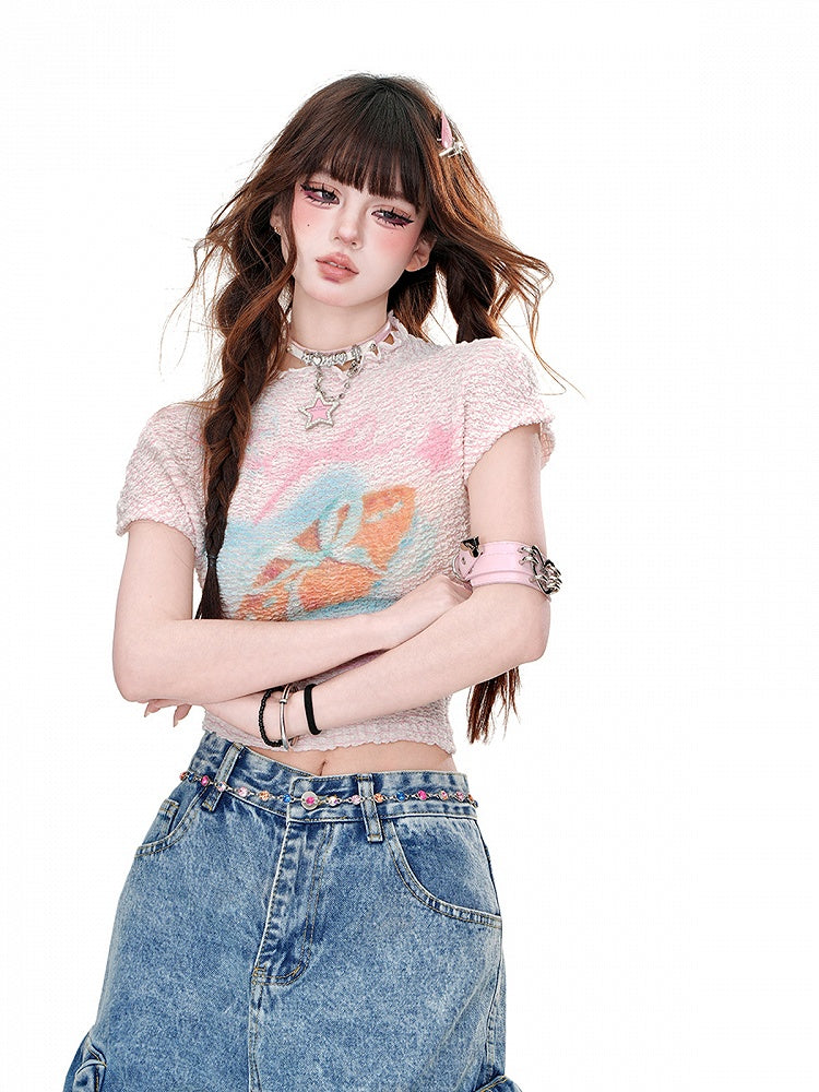 Neck Graphic T-Shirt Pink/White Crew Glamorous Cropped