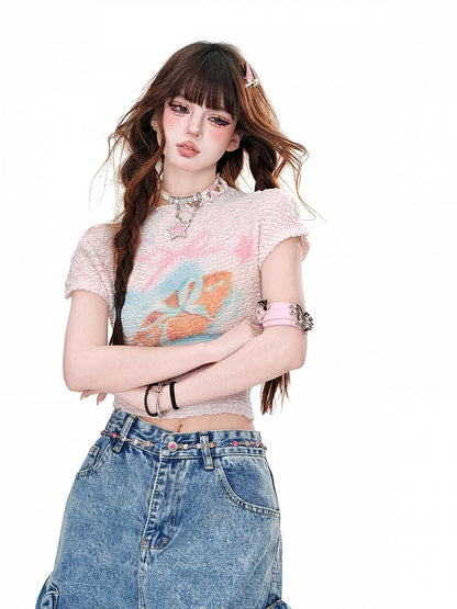 Neck Graphic T-Shirt Pink/White Crew Glamorous Cropped