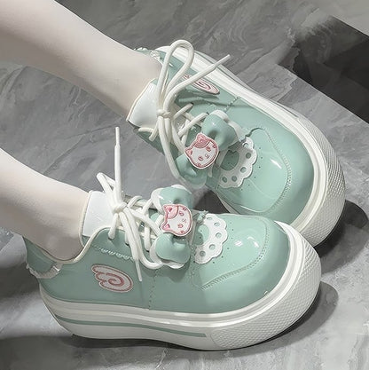 Sneakers Round-Toe Green with Appliques Lolita Wing Cat Light Sweet Platform