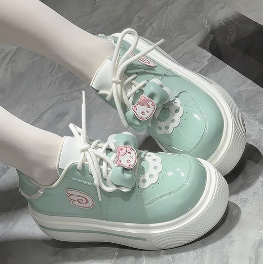 Sneakers Round-Toe Green with Appliques Lolita Wing Cat Light Sweet Platform