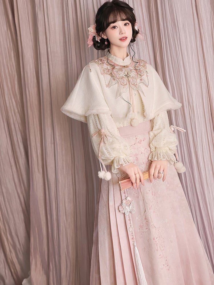 Bow-Adorned White Han-Element Lace-Patterned Top - Han Ru Chu Hanfu &amp; Han-Element Studi