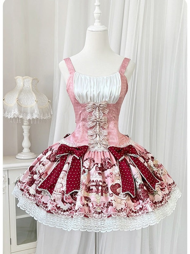 Sweet Lolita Floral JSK Dress with Bowknot & Lace - Strawberry Fantasy - Unknown Star