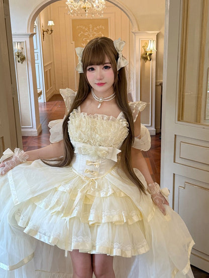 Beige Elegant Lolita Jumper Dress with Train and Arm Sleeves - Diamond Honey
