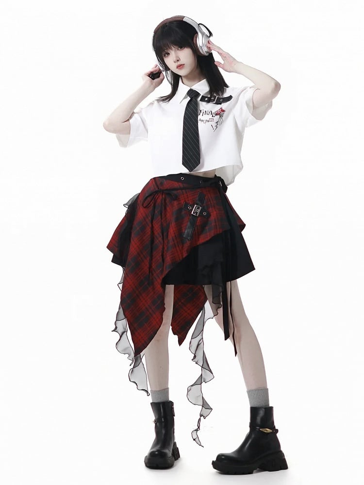 and Waist Accessory Handkerchief Hem Cascading Ruffles Black Plaid Red