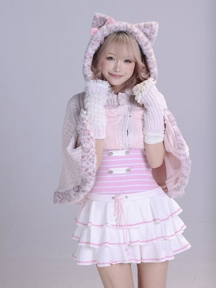 Fur Leopard Pink Cat Knit Faux Gyaru Accents Cape Trim Hime Hooded with Ear Print and Pom-Pom