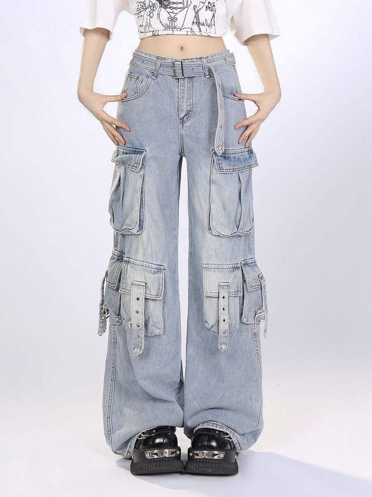 Blue/Black Multi-Pocket Utility Cargo Jeans with Hanging Strap Design