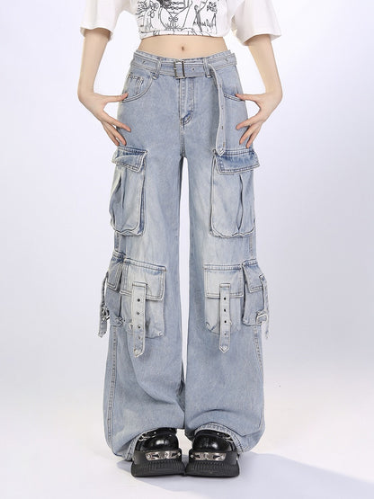 Blue/Black Multi-Pocket Utility Cargo Jeans with Hanging Strap Design