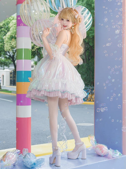 Mit Süßigkeiten verziertes lila Trägerkleid mit Perlen, süßes JSK und Lolita-Spaghetti-Licht