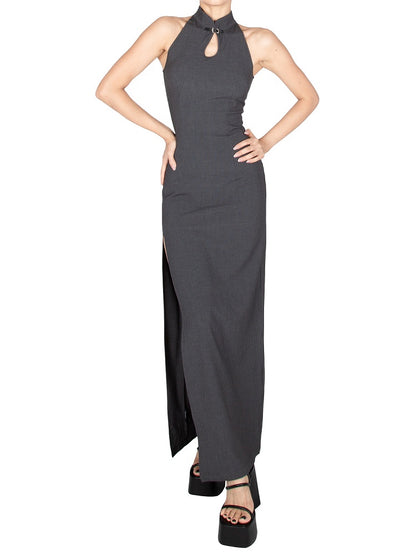 ダークグレーの太もも丈スリット入りグラマラスノースリーブチャイナドレス