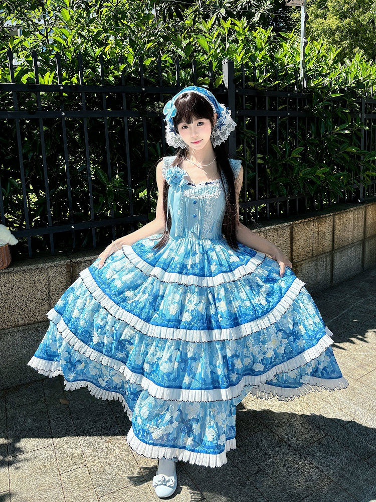 Blue Floral Print Lolita Triangle Scarf with Lace Trim - Flower Ferry Lolita