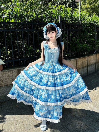 Blue Floral Print Lolita Triangle Scarf with Lace Trim - Flower Ferry Lolita