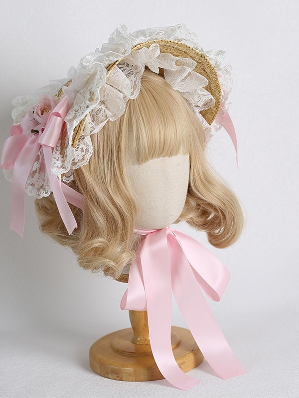 Straw Bowknot Bonnet Lolita Ribbon Colors 7 Lace Country