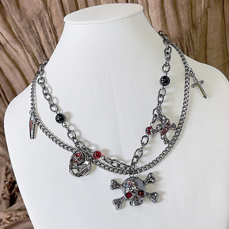 Silver Beaded Punk And Skeleton Necklace Decorated