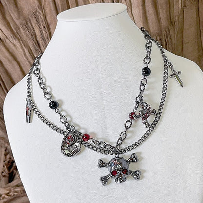 Silver Beaded Punk And Skeleton Necklace Decorated