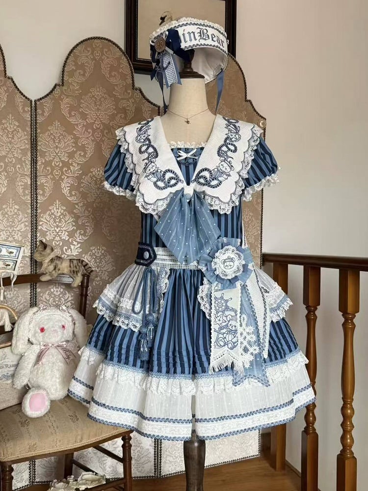 Striped Low Waist Sailor Dress with Blue Embroidery - Twin Bear Original Design
