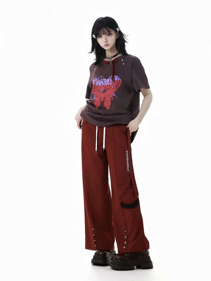 Straight-Leg Pants Red Drawstring Waist Stud Details