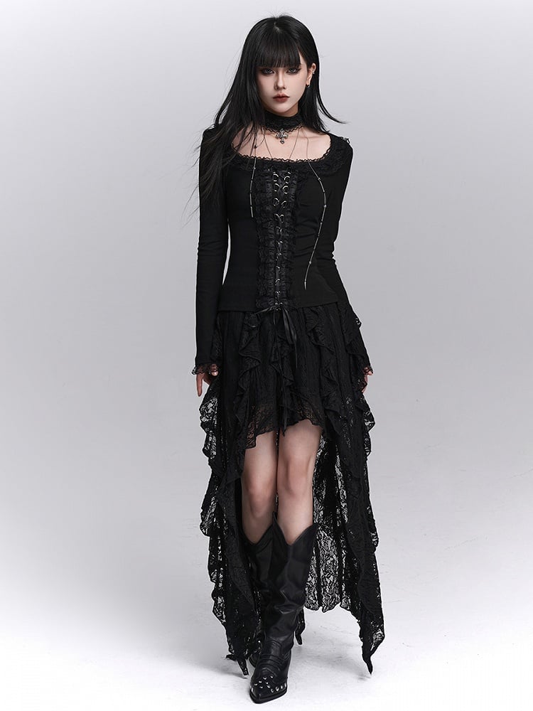 Crisscross Choker Black Gothic Trim with Lace-Up Top Lace Front Halloween Matching
