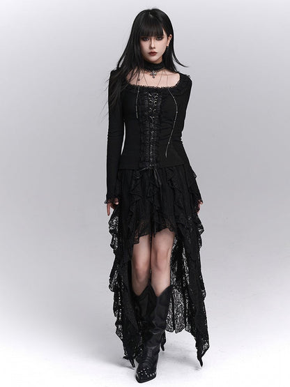 Crisscross Choker Black Gothic Trim with Lace-Up Top Lace Front Halloween Matching