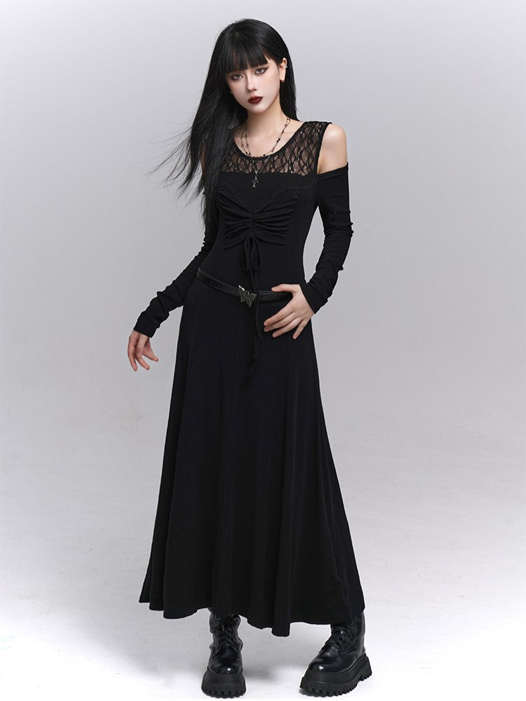 Gothic with Black Two-Piece Neckline Lace Embroidered Dress Faux