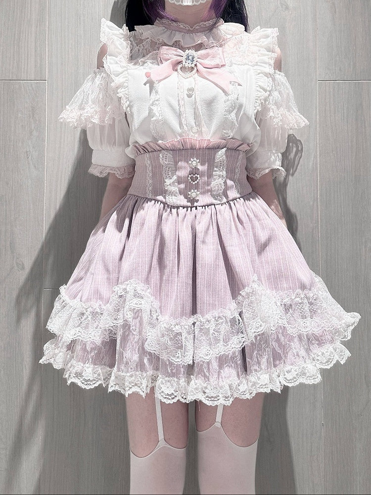 Pink Landmine Style Lace Trim High-Waist Skirt - Virtual Paradise