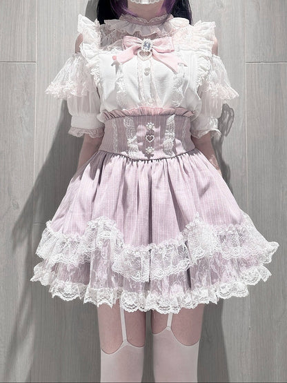 Pink Landmine Style Lace Trim High-Waist Skirt - Virtual Paradise