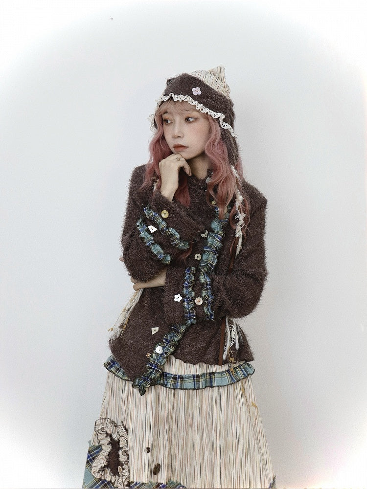 Accents Green Hat Earflap Button with Lace Mori Trim Colorblock Kei Brown and Plaid