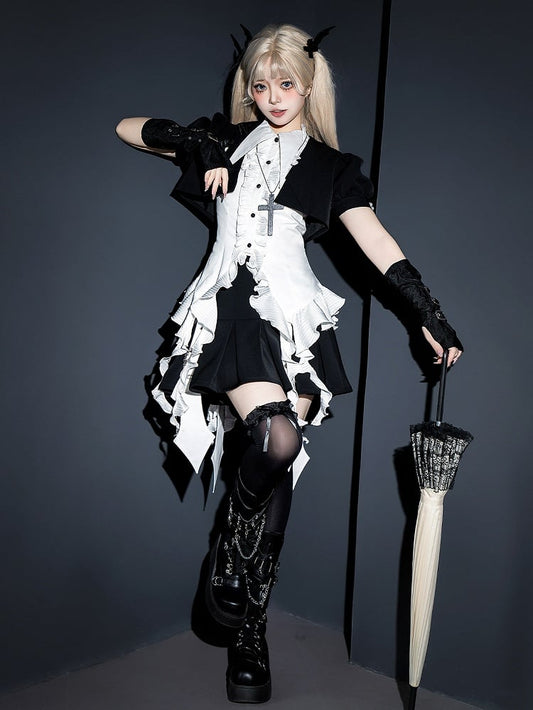 Kurzes und Gothic-Shirt, ärmellos, weiß, Lolita-Set, schwarz, voll – Top, Rock +