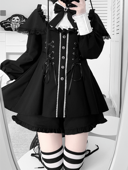 Black Dress Jirai Cape Tie Set Lace-Up Bow Matching + Design Long-Sleeve Shorts Kei