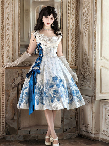 Sleeveless Satin Lolita Dress with Blue and White Floral Print and Bows - Unknown Star