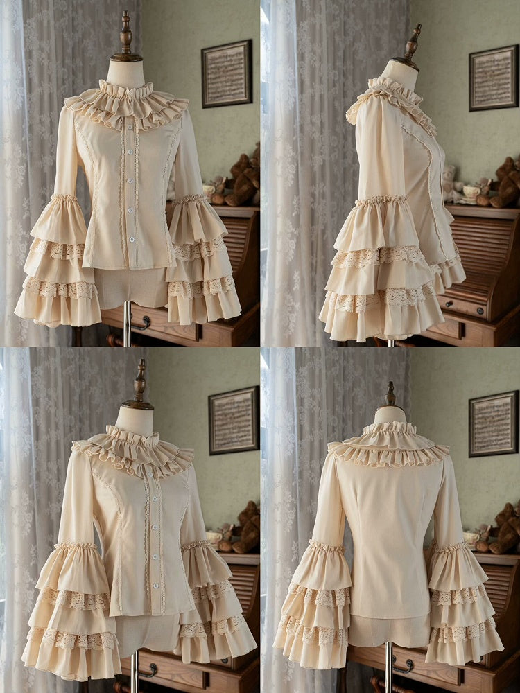 アプリコットのフリルネックライン、レイヤードベルスリーブブラウス