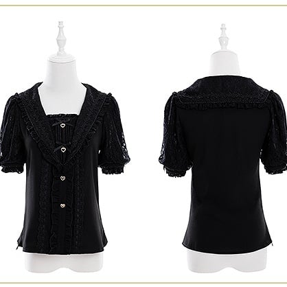Jirai Kei Sailor Collar Black Rhinestone Short Sleeves Blouse Sweetheart Bowknot and Decorations