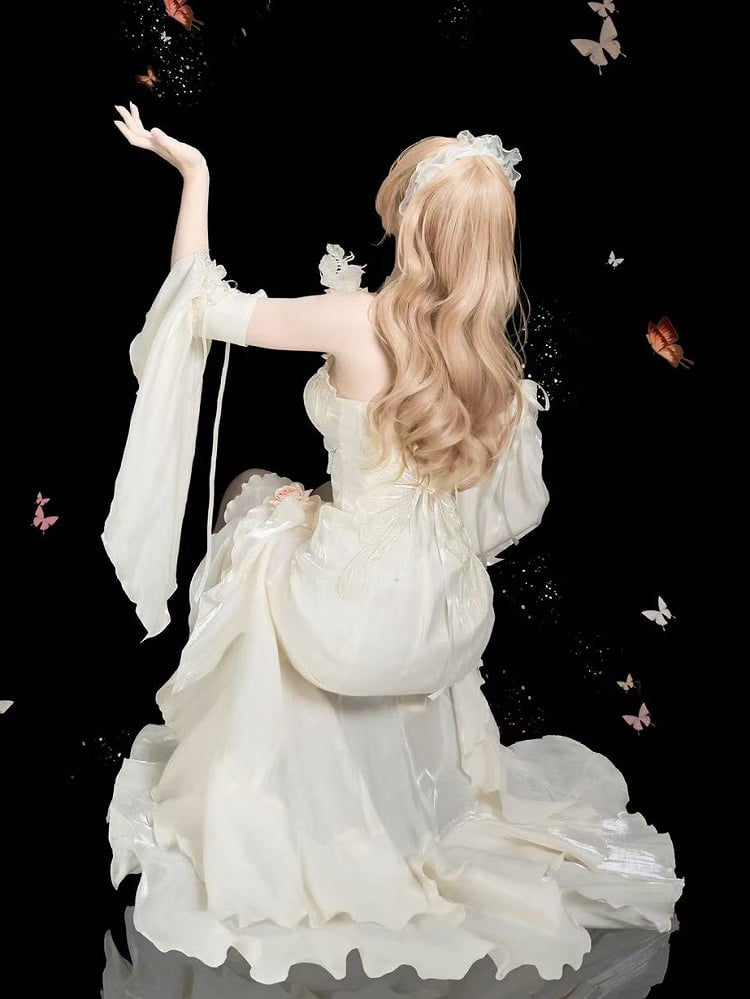 Mermaid Rosette Dress Evening with Detachable Flounce White Sleeves Gown