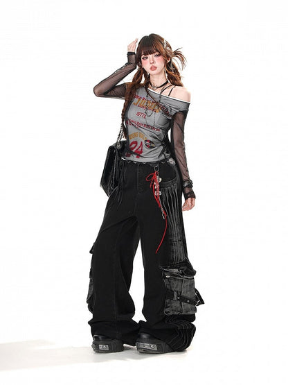 Lockere Jeans mit weitem Bein und Cargotaschen in verblasster Waschung in Schwarz