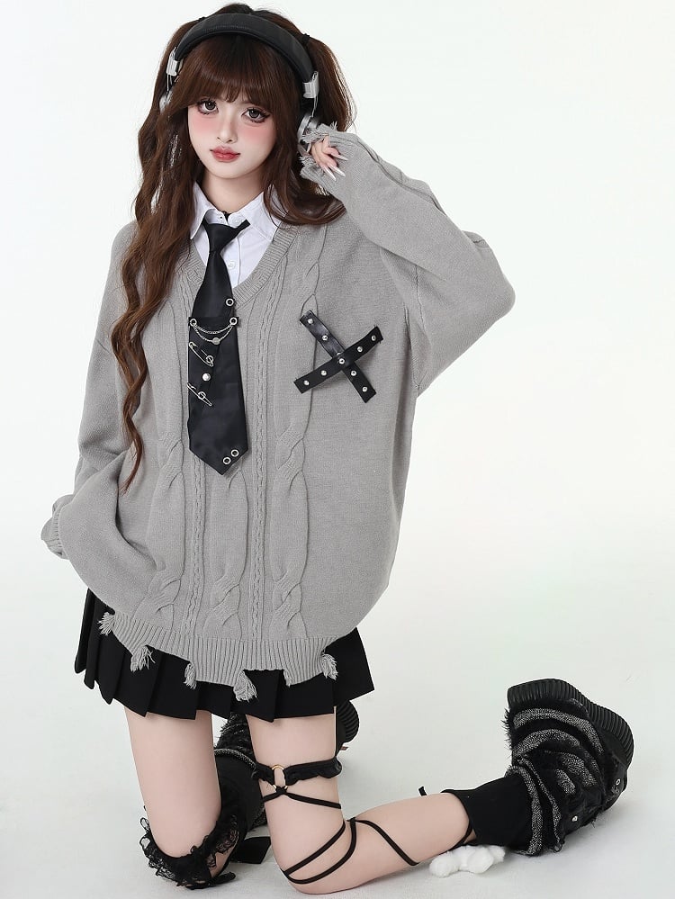 ディストレストリムフェイクツーピースプレッピーセーター（フリータイ付き）