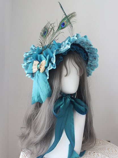 Trim Design Decorated Bonnet Lace Feather Bowknot Blue Rhinestone Peacock