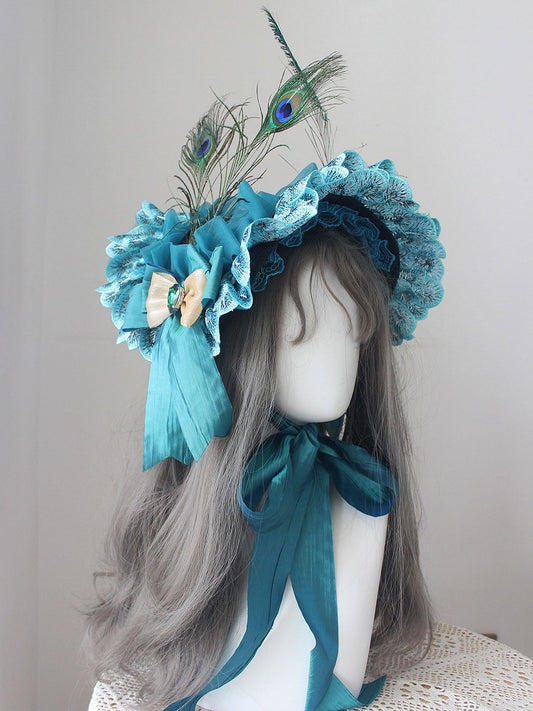 Trim Design Decorated Bonnet Lace Feather Bowknot Blue Rhinestone Peacock