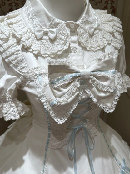 Blue-White Kawaii Cotton JSK Gown with Ribbon and Ruffle Embellishments