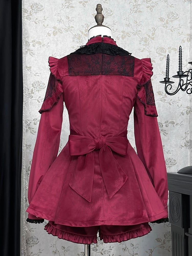 Weinrotes Jirai Kei-Set, Samtkleid im Landminenstil mit kontrastierenden Spitzenaufnähern + Fliege + Shorts mit Rüschenbündchen