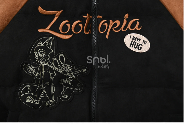 Schwarze Pufferjacke mit „Zootopia Judy and Nick“-Applikation