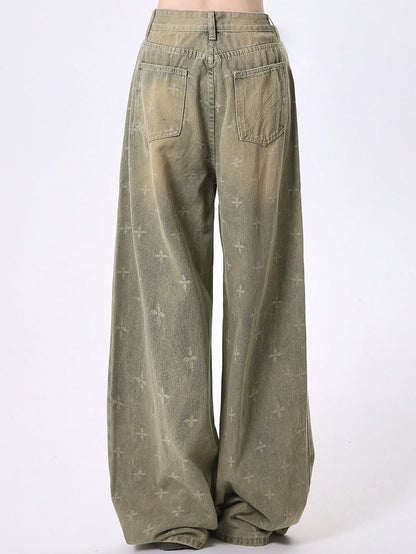 Wide-Leg Faded Blue Detailing Vintage with Patterned Wash Jeans